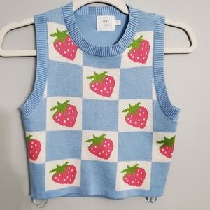 Luna Ivy Girls Kids Blue Strawberry Print Knit Vest Sz S Preppy Academia School